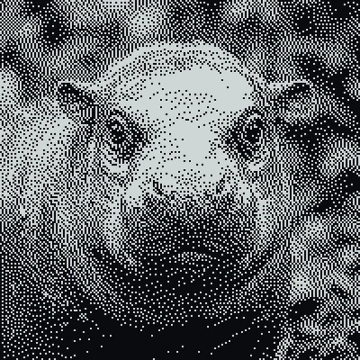 The same mural in black and white concrete only, looks as a newspaper halftone