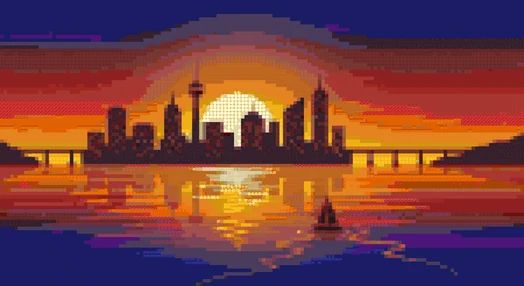 A city skyline at sunset as a Minecraft mural with feathering off: the sky and water form hard bands of colour
