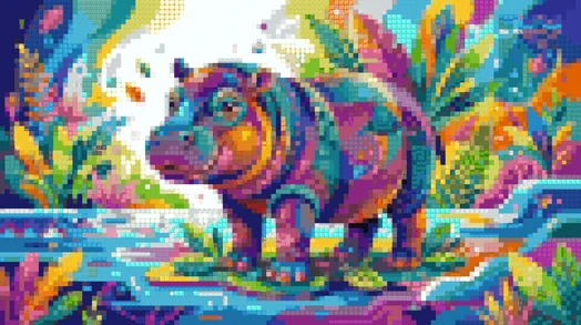 A colourful hippo illustration as a Minecraft mural using every block