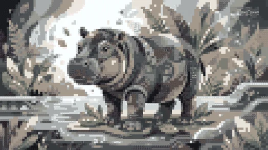 The same mural built from greyscale blocks only