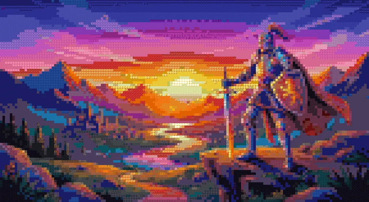 A knight in the sunset drawing converted into a Minecraft mural, built from real block textures