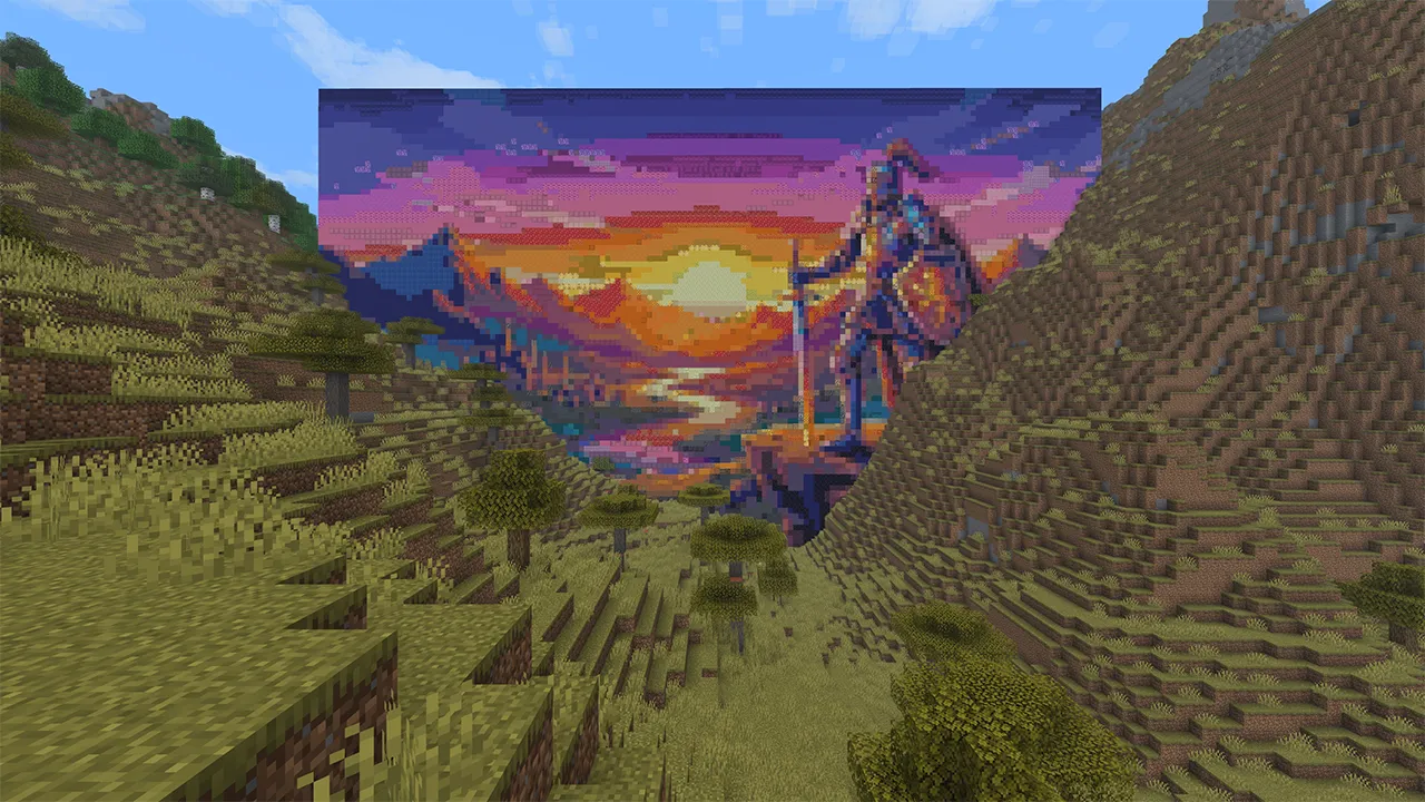 The finished mural built in a Minecraft world, seen from a distance