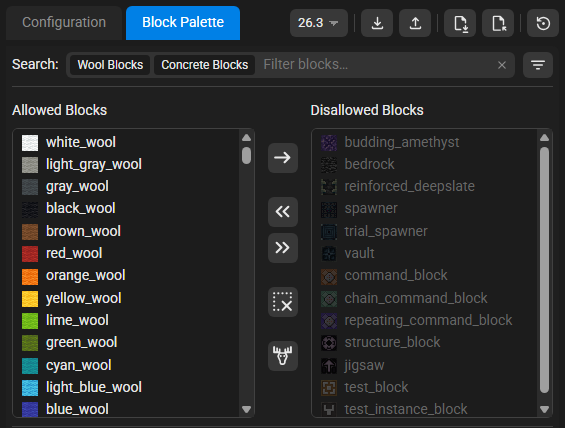 The Block Palette tab with Wool Blocks and Concrete Blocks tags in the search bar and the matching blocks at the top of the allowed list
